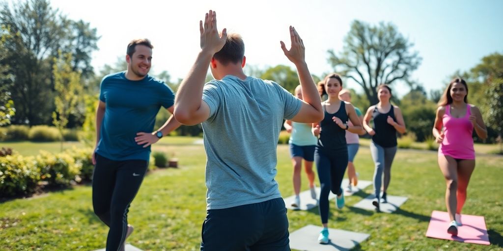 Mentor guiding individuals in fitness activities outdoors.