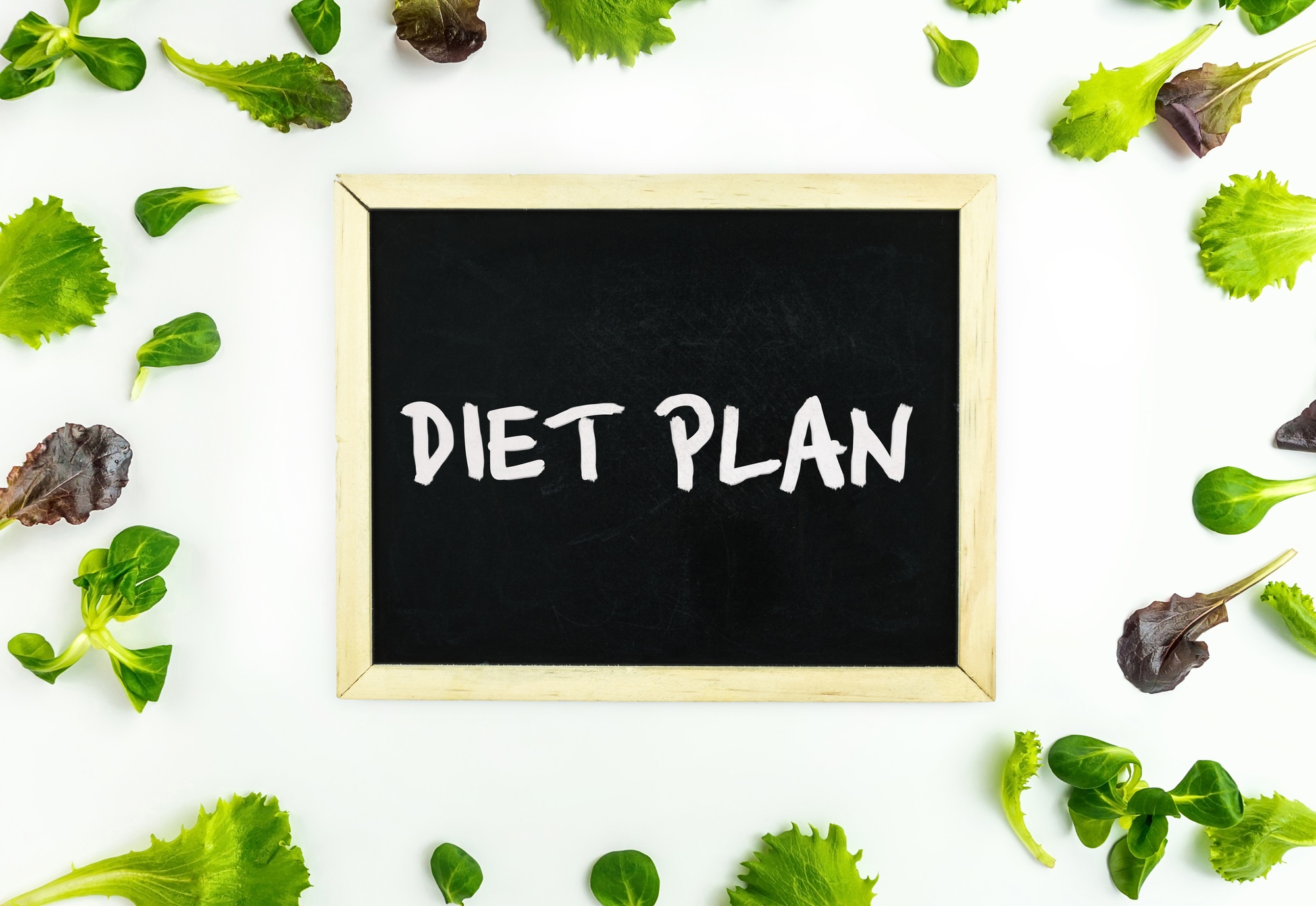 Black board with word Diet Plan and various green salads